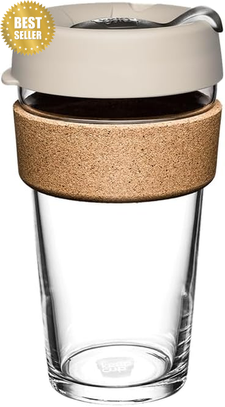 Brew Cork - Reusable Coffee Cup Tempered Glass and Natural Cork, Large 16Oz/454M