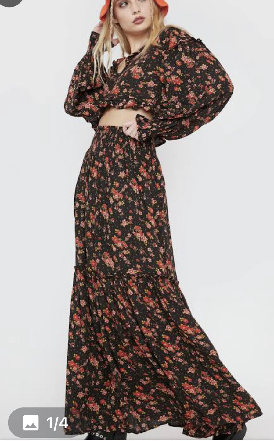 

Макси-юбка Free People Secret Garden с цветочным принтом и струящейся рюшей на талии, черный , НОВИНКА, Black red orange green