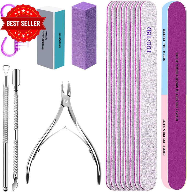 Nail File Set for Natural and Acrylic Nails | 15 Piece Manicure Kit, 100/180 Gri