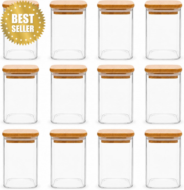 12 Glass Spice Jars with Bamboo Lid 270Ml, 9Oz Airtight Square Seasoning Contain