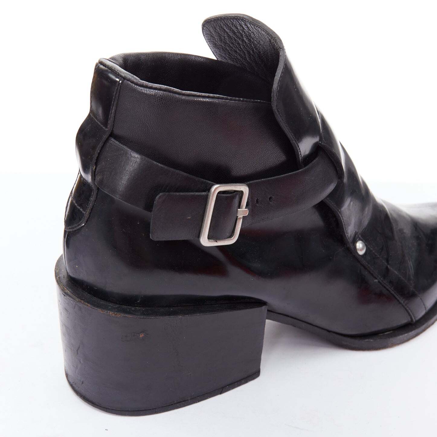 JIL SANDER black leather silver buckle block heel ankle JIL SANDER black leather silver buckle block heel ankle