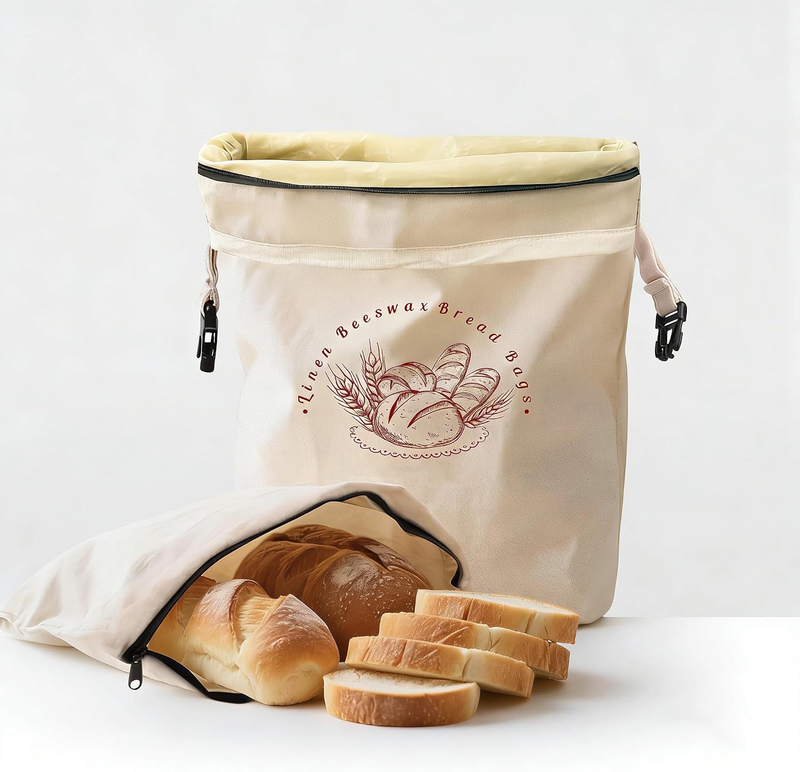 Bread Bags for Homemade Bread - 2 Packs XL Reusable Organic Beeswax Linen Cotton