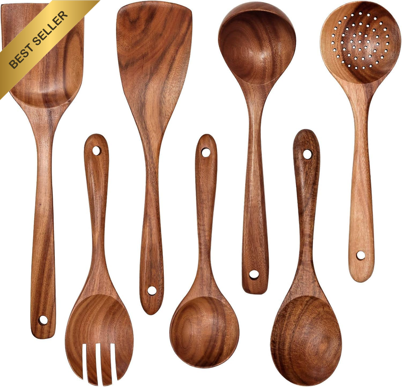 Wooden Non-Stick Kitchen Tool Set, 7-Piece Natural Teak Cooking Utensils with Sp