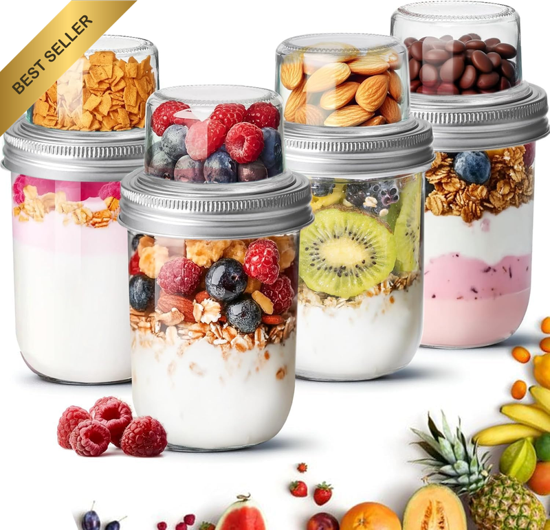 Overnight Oats Containers with Lids (16Oz+4Oz, 4Pcs), Dual-Laryer Pudding Jars w