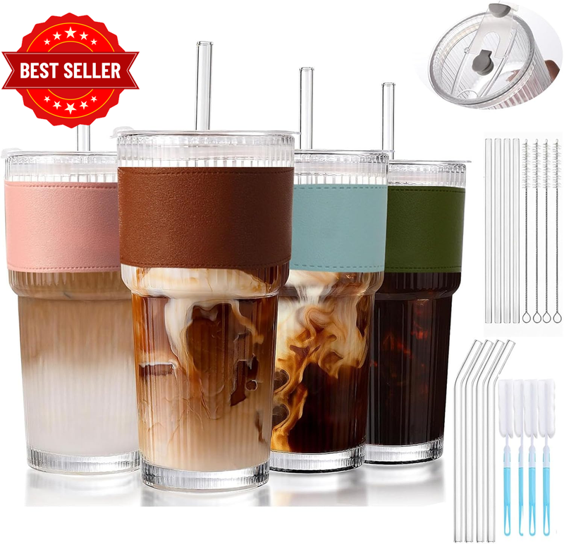 20 Oz Ribbed Glass Tumbler with Straw and Lid – 4 Pack Glass Cups with Sleeves &