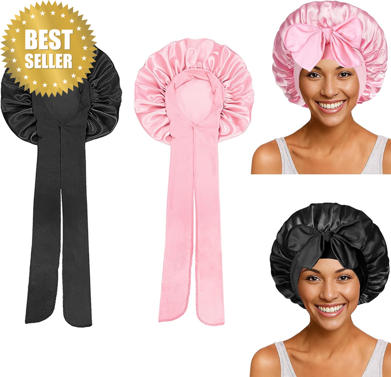 2PCS Satin Silk Bonnet for Sleeping Jumbo Satin Bonnet, Silk Hair Bonnets Night