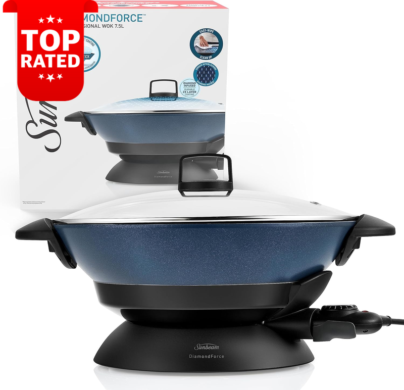 Diamondforce 2400W Electric Wok Non-Stick 7.5L Easy Clean Dark Blue Pan