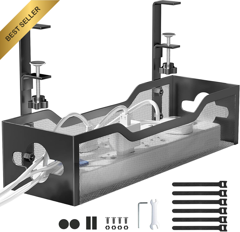 Under Desk Cable Management Tray No Drill,Metal Mesh Cable Tray with Clamp for D