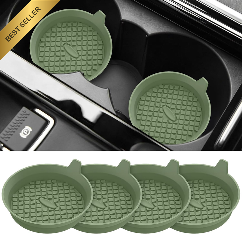Car Cup Holder Coasters, 4 Pack, Silicone Non-Slip Mats, 3.26 Inch, Olive Green