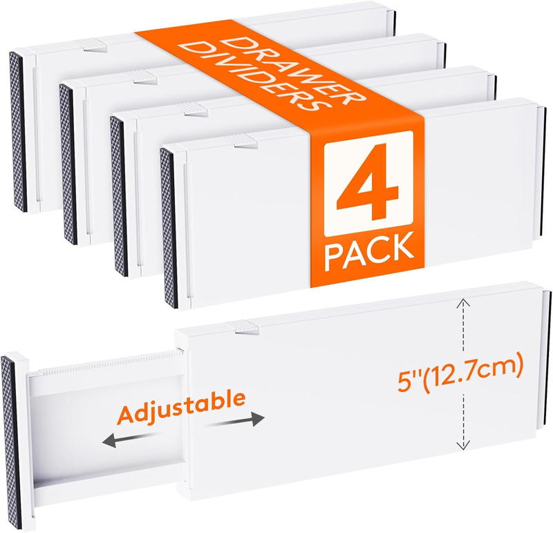 4 Pack Drawer Dividers 5" High, 13.5-22" Adjustable Drawer Organizers for Clothe