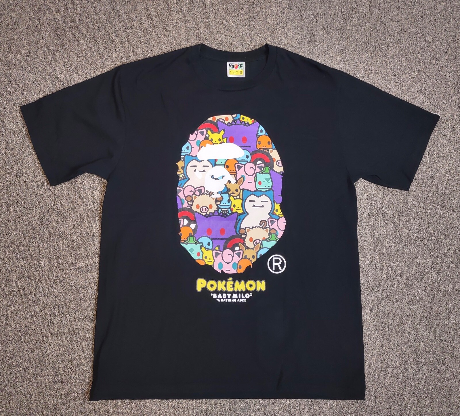 

A Bathing Ape Bape SS21 Pokemon Ape Head Baby Milo Pikachu Черная футболка мужская, Черный