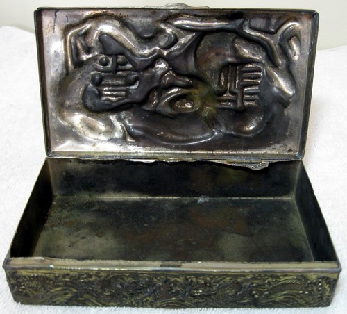 A Nice Signed Antique Japanese Metal Box Depicting A Dragon In High Relief