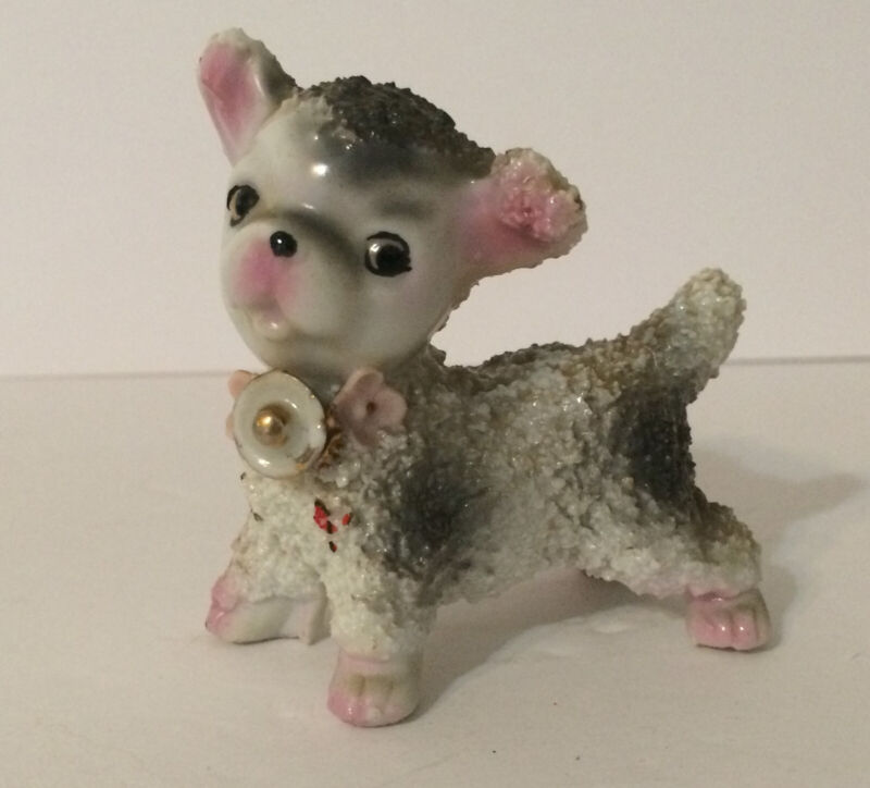 Vintage Sugar/Spaghetti Texture Porcelain Gray Puppy/Dog Figurine Made in Japan
