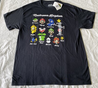 Nintendo Super Mario Bros T-Shirt Black  List Of 12 Characters Size Large New