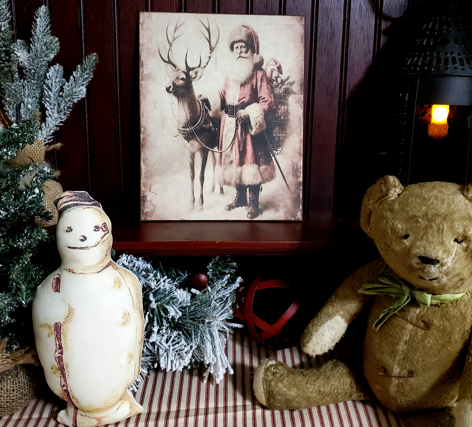 STUNNING SHABBY VINTAGE PRIMITIVE VICTORIAN FOLK STYLE CHRISTMAS SANTA DEER SIGN