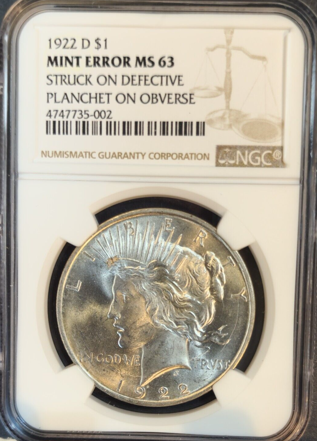 1922 D PEACE SILVER DOLLAR $1 NGC MS 63 MINT ERROR STRUCK ON DEFECTIVE PLANCHET