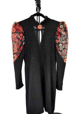 Vintage Cache 80s 90s Black Bodycon Dress (S) Red Black Gold Embroidered Knit