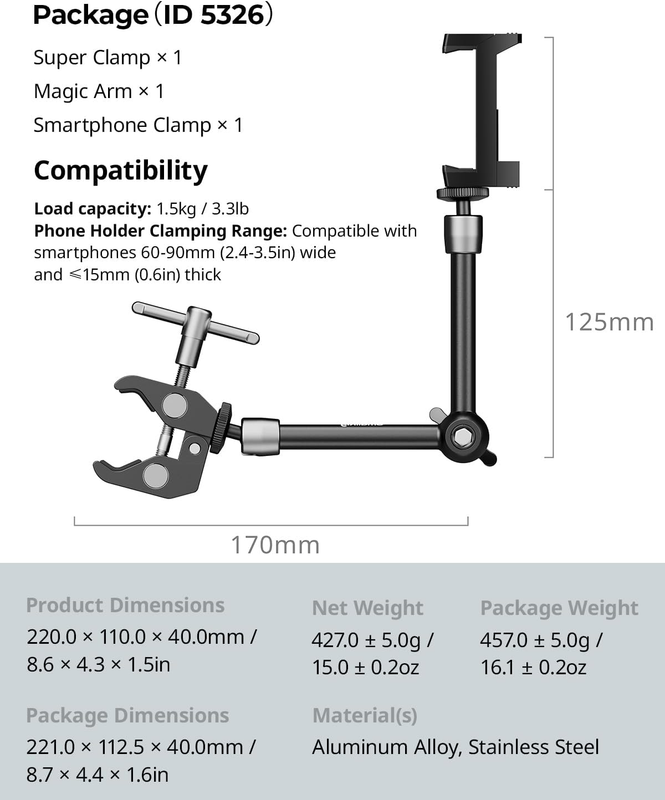 Clamp w/ 1/4" and 3/8" Thread Holes, 9.8 Inches Adjustable Friction Power Articu
