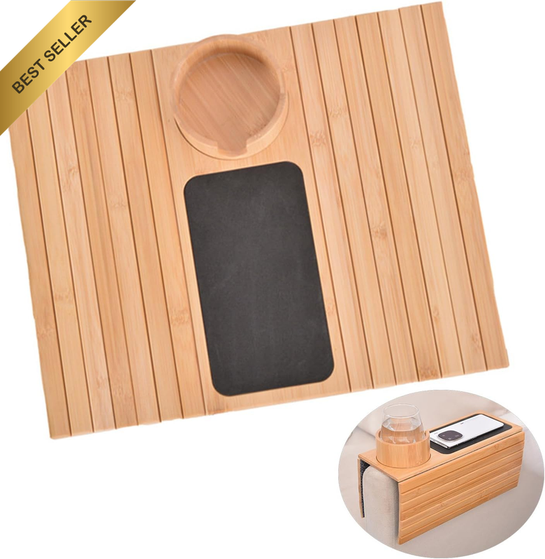 1Pcs Bamboo Sofa Arm Tray with Removable Cup Holder Breakfast Tray Foldable Side