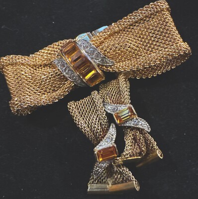 Vtg SET 2 1950s Emmons Mid Century Topaz & Crystal Gold Tone Mesh EmJ Bracelet+e