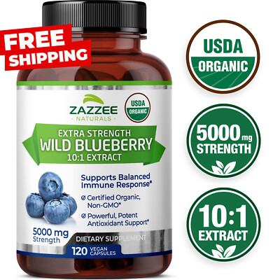 USDA Organic Wild Blueberry Extract Whole Fruit 5000 mg Strength 10:1 Extract