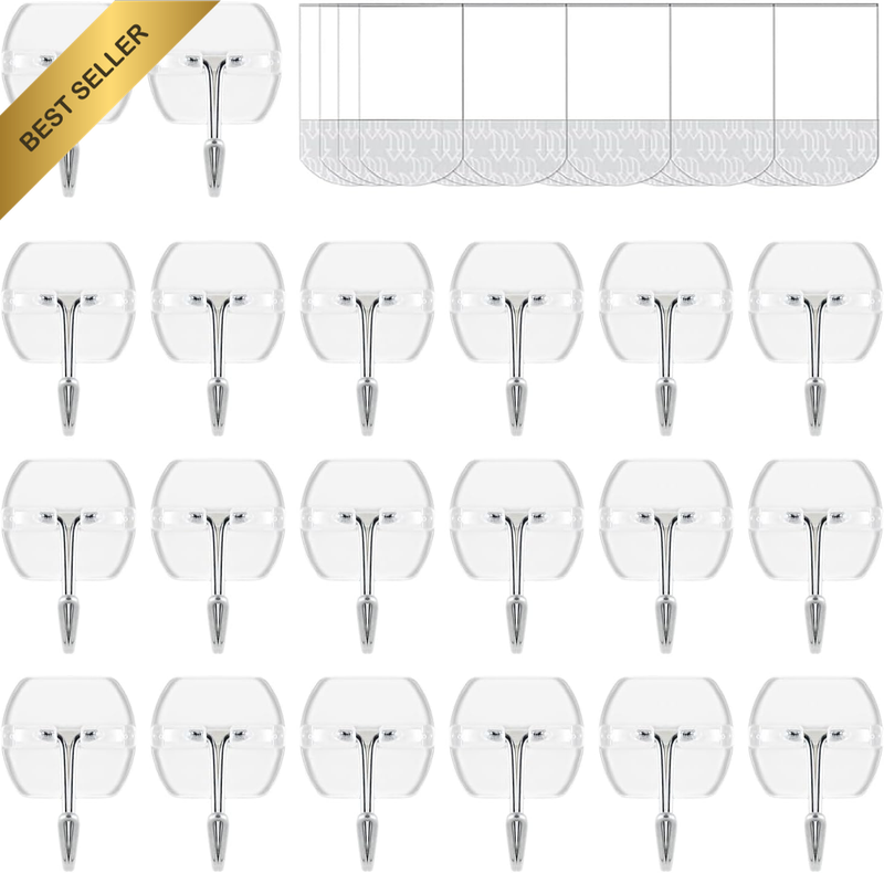 20 Hooks-25 Removable Strips, Small Clear Wire Hooks Value Pack, Damage Free Han