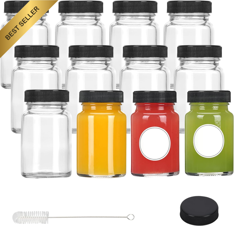 12PCS 2Oz Glass Jars with Lids Wide Mouth Short Jars Stickers Brush Reusable
