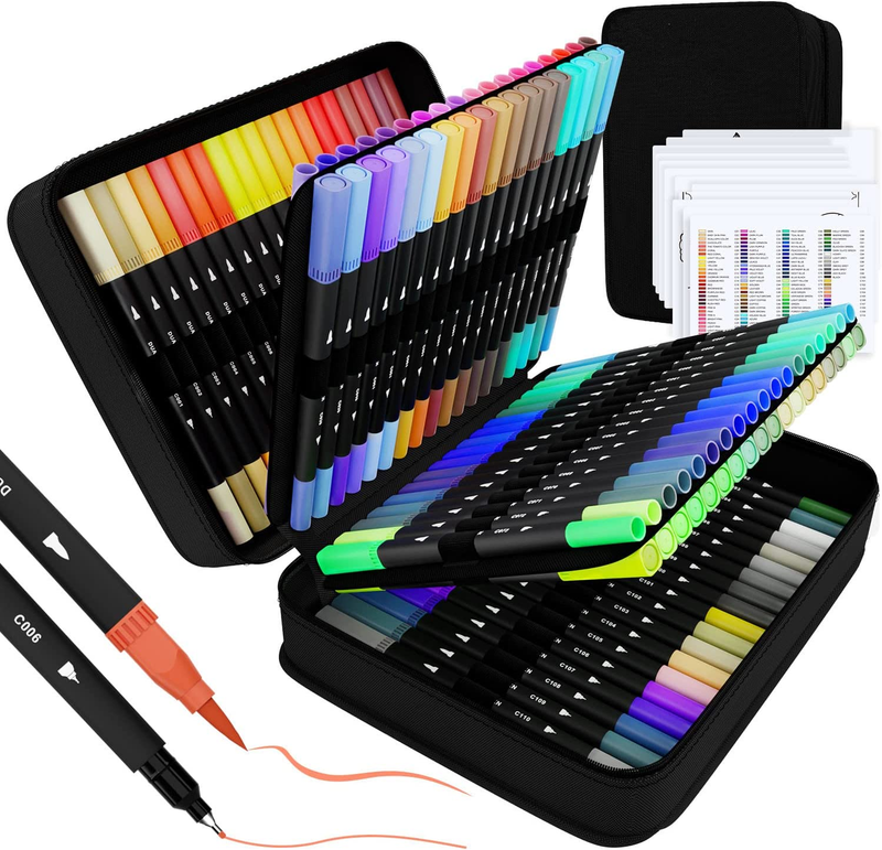 110 Fineliner and Brush Dual Tip Marker Set with Case - Colo