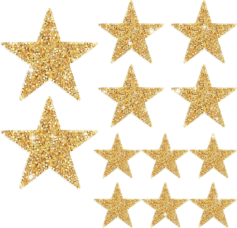 12Pcs Star Iron on Patches Rhinestone Gold Stickers Adhesive Applique Stars Glit