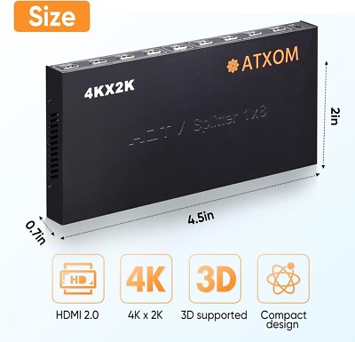 ATXOM HDMI Splitter 1 in 8 Out - One Source to Eight Identical Displays -OPENBOX