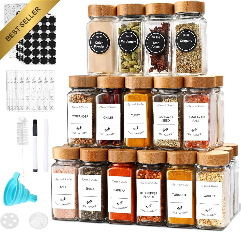 24 Pcs Spice Jars, Glass Spice Containers with 360 Labels & Bamboo Lids, 4Oz Spi