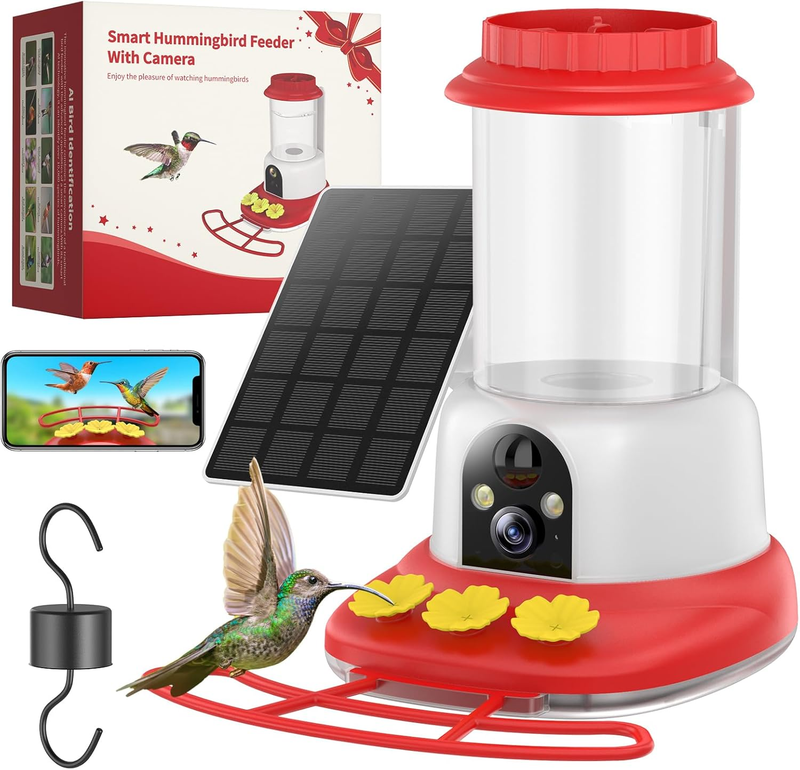Hummingbird Feeder with Camera Solar Powered,Bird Cam with 1 Year Trial AI Identify,Ant Moat & Bee Proof,Easy Clean,Outdoor Hanging,Ideal Gifts for Hummingbird Lover