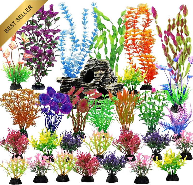Artificial Aquarium Plants,30Pcs Fish Tank Decorations,Aquatic Plants and Cave R