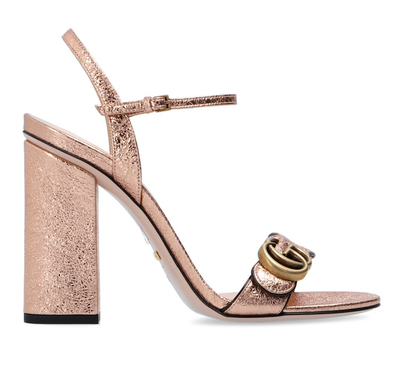 Gucci Marmont Rose Gold Metallic Leather Ankle Strap Block Heel