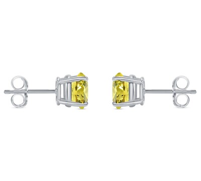 Pre-owned Shine Brite With A Diamond 2 Ct Round Cut Canary Earrings Studs Solid Real 14k White Gold Push Back Basket In White/colorless