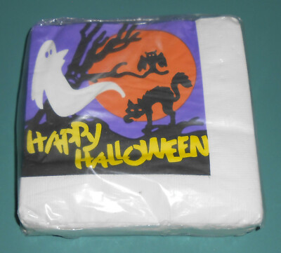 Vintage 1991 Halloween Paper Napkins Kara Ghost Bat Cat Haunted Tree Moon