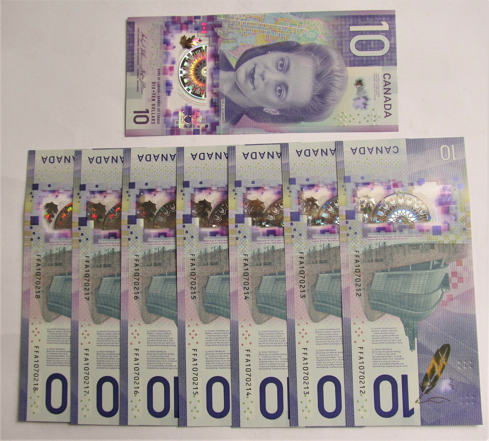 $ 13 EACH 8 SECQUENCE UNC MINT 2018 CANADA VOILA DESMOND 10 DOLLAR BANKNOTE