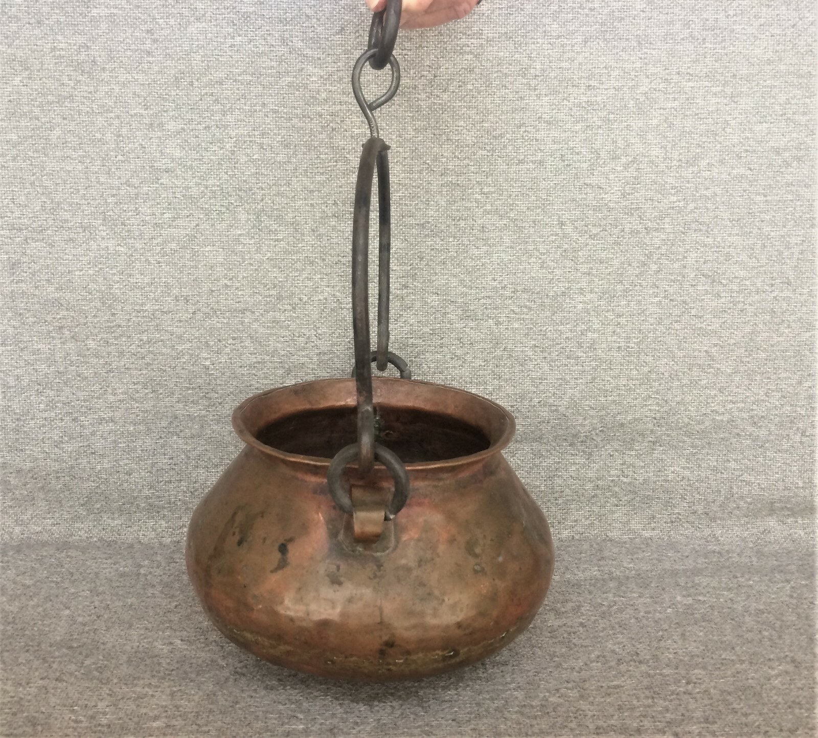 Vintage Hammered Copper Cauldron Kettle Pot Wrought Iron Handle Free Shipping