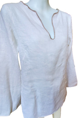 Max Studio Petite 100% White Linen Tunic Petite Crochet Neck Boho Chic