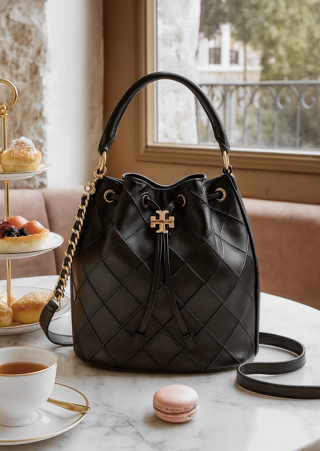 NEW Tory Burch Soft Fleming Black Leather Bucket Drawstring