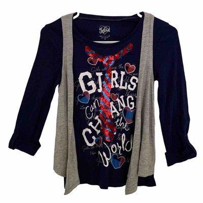 Justice Girls Top Blue 10 Attach Vest Pullover Roll Sleeves Sequins Graphic Logo