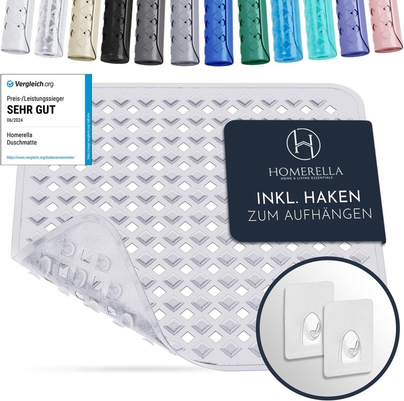 HomerellaÂ® Duschmatte Rutschfest 53x53cm - Bpa-Frei, 2 Haken, Schimmelresistent