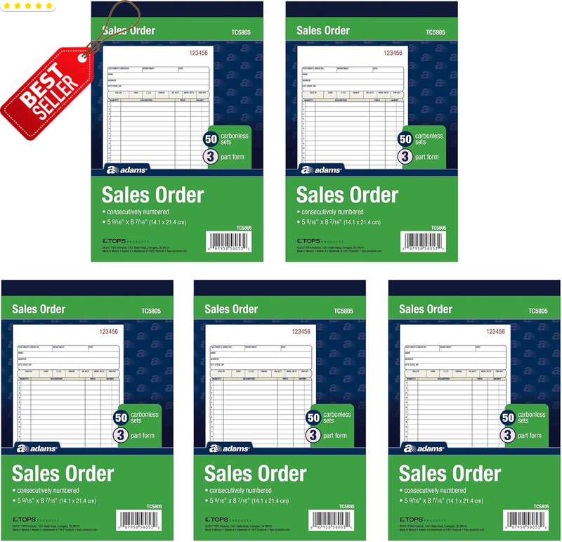 Sales Order Book 3 Part Carbonless 5x8.4in 50 Sets 5 Books 250 Total TC5805 US