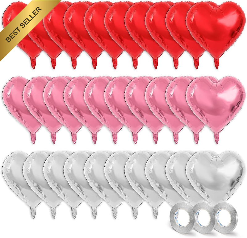 30 Pcs Pink Red Silver Heart Balloons with 3 Roll Ribbon, Large 18 Inch Mylar Fo