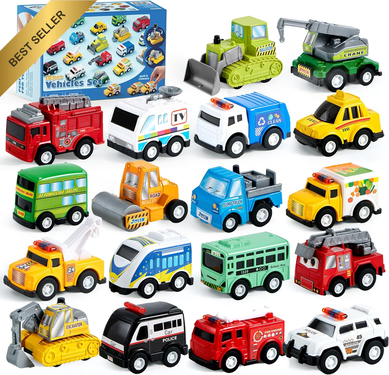 18PK Pull Back City Cars Trucks Toy Vehicle Set Friction Powered Die-Cast Model