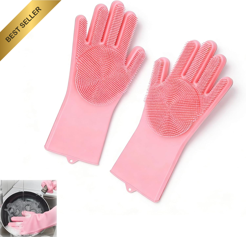 Silicone Dishwashing Gloves with Built-In Scrubber - Heat Resistant Reusable Cle
