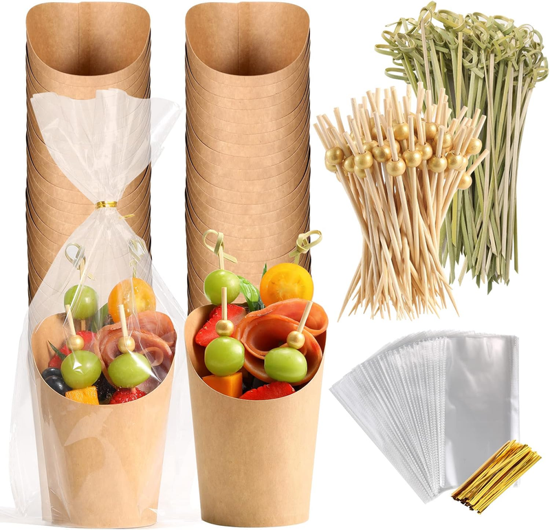 Disposable Charcuterie Cups 60 PCS with 200PCS Sticks and 60PCS Bags, 14 Oz Kraft Paper Snack Boxes Appetizers Cup French Fry Holder with Cocktail Skewers Toothpicks Tooth Picks, Brown