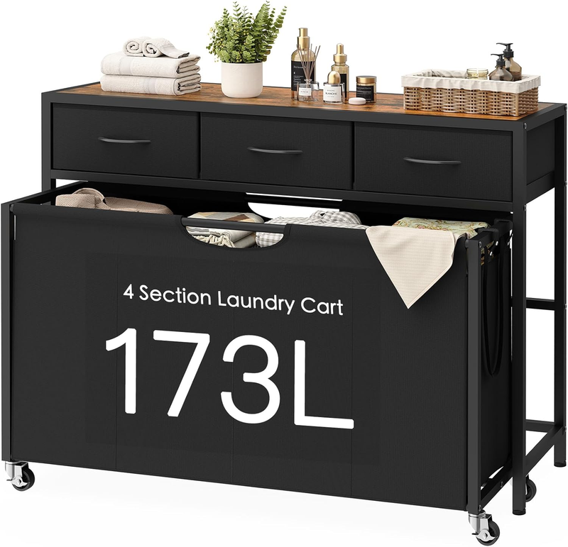 Large Laundry Sorter, 173L Rolling Laundry Hamper with 4 Section Pull-Out Bags,
