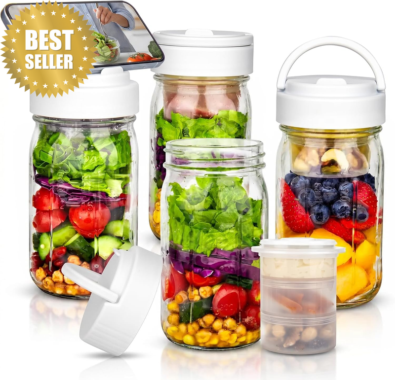 32Oz Glass Salad Jars 4 Pc, Meal Prep Containers with Handle 3 Divider Cups