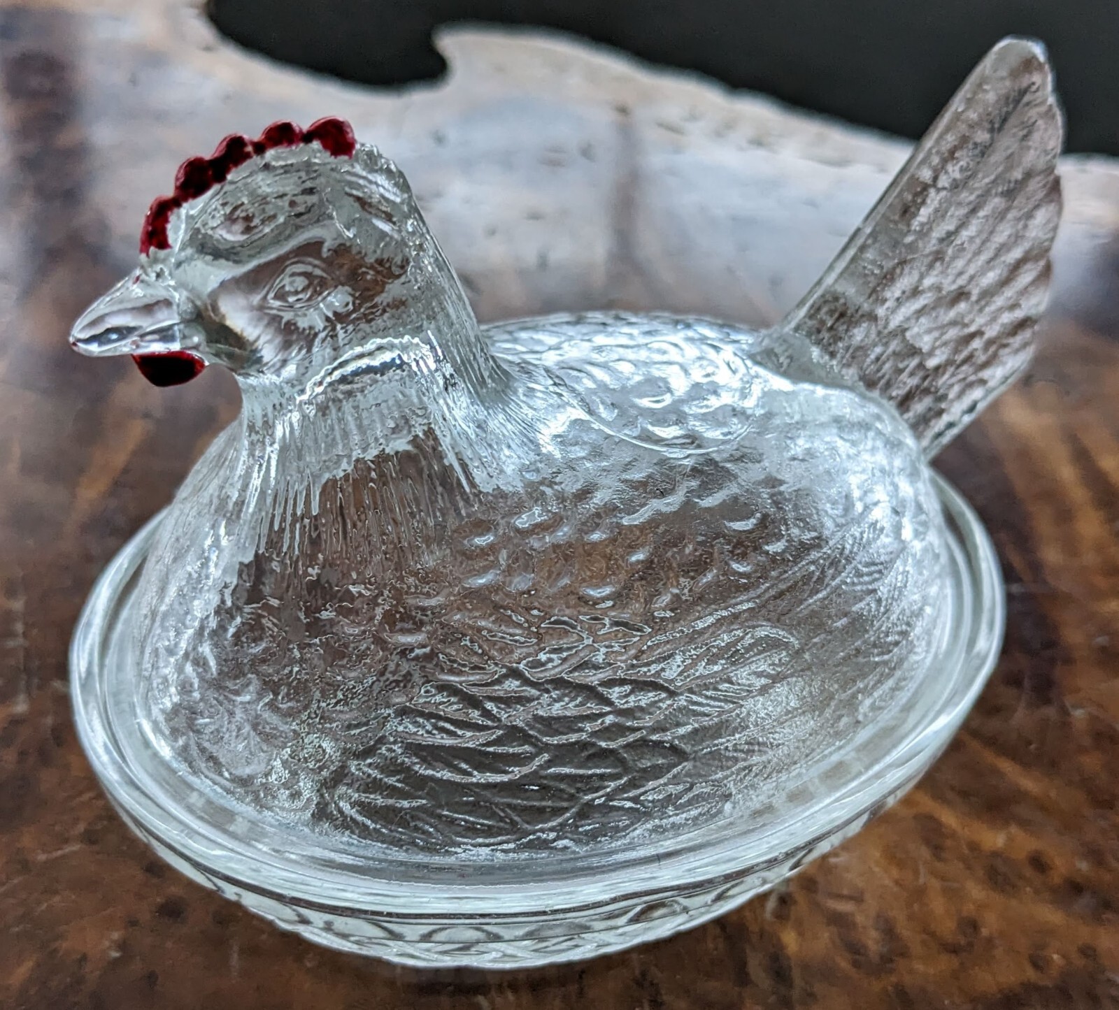 Clear Indiana Glass Hen Chicken On Nest Red Painted Comb | eBay